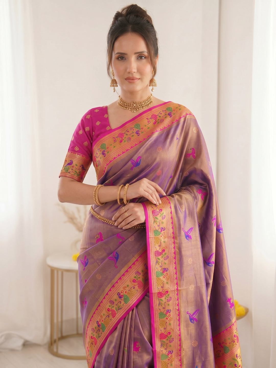 Violet Premium Soft Bamboo Tissue Paithani Silk Saree