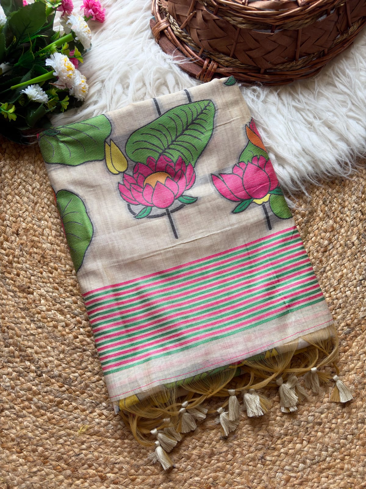 White Soft Flora Cotton Resham Saree with Lotus Pattern Saree