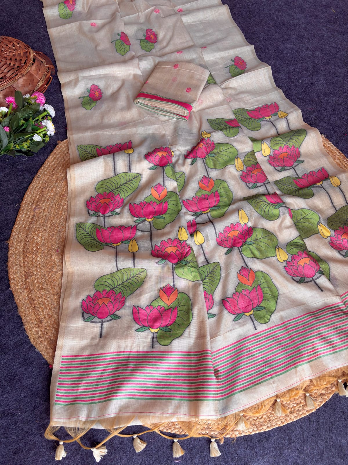 White Soft Flora Cotton Resham Saree with Lotus Pattern Saree