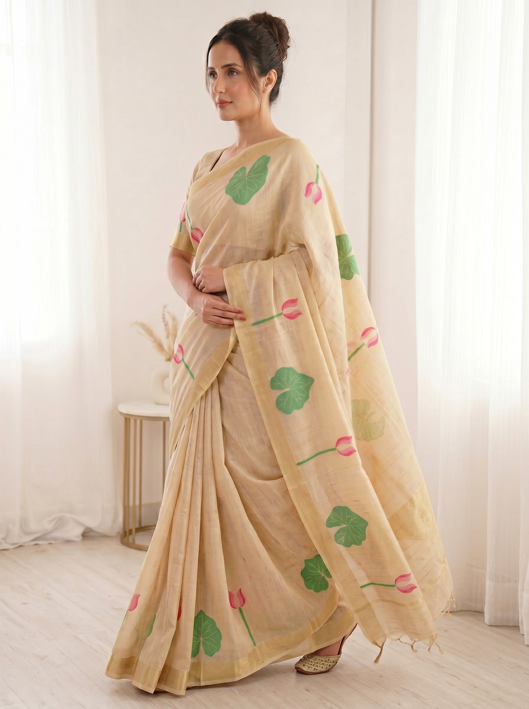 White Premium Soft Linen Cotton with Lotus &amp; Leafs Pattern Saree