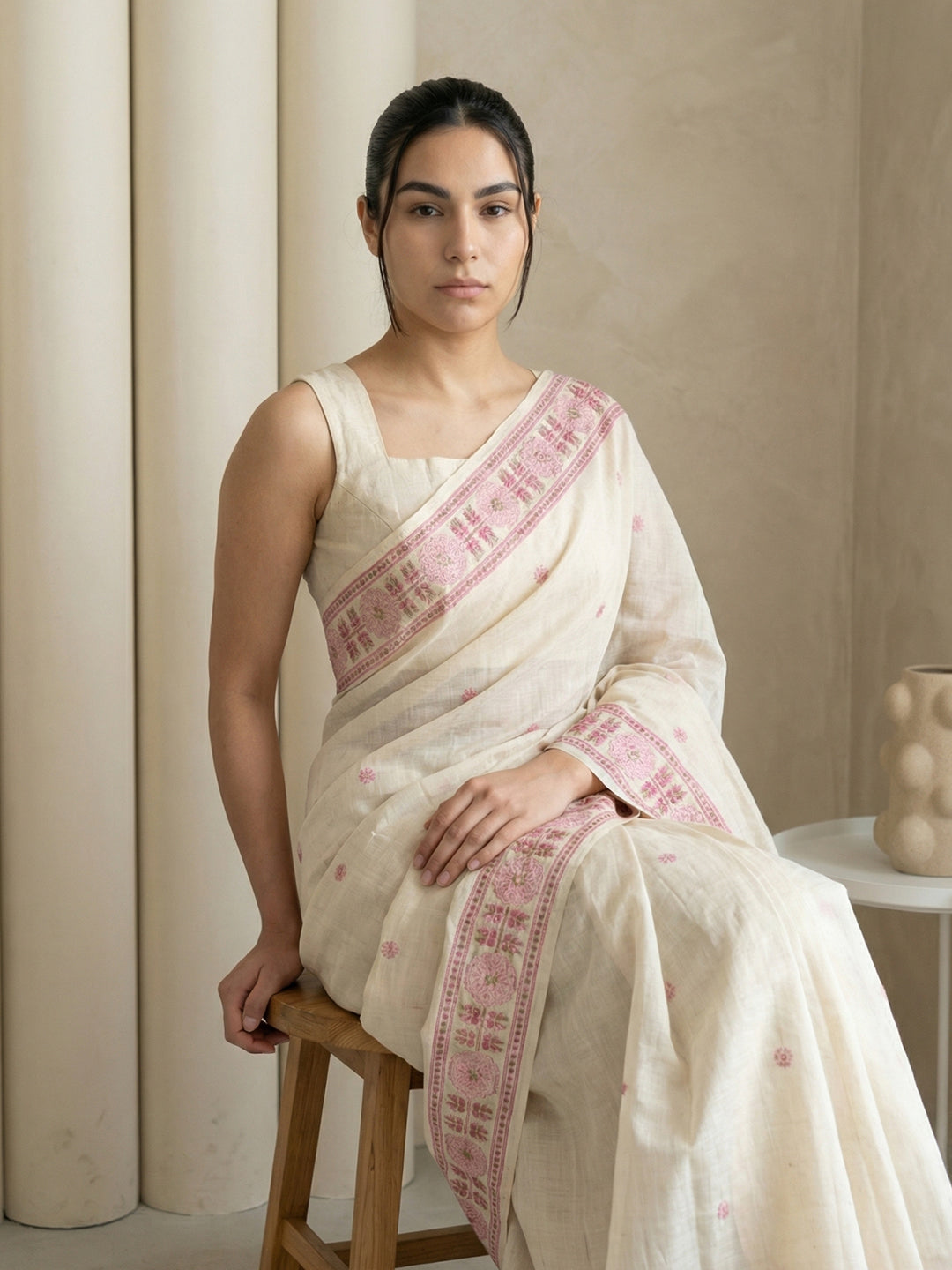 White Soft Muga Cotton with Handblock Kalamakri Pattern Saree