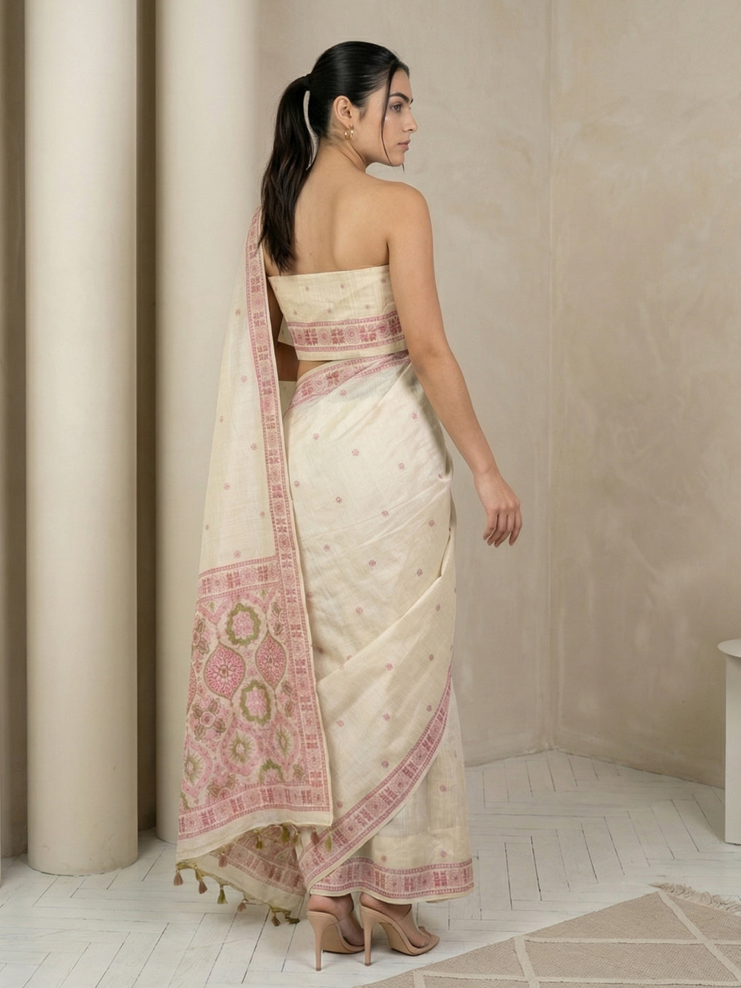 White Soft Muga Cotton with Handblock Kalamakri Pattern Saree