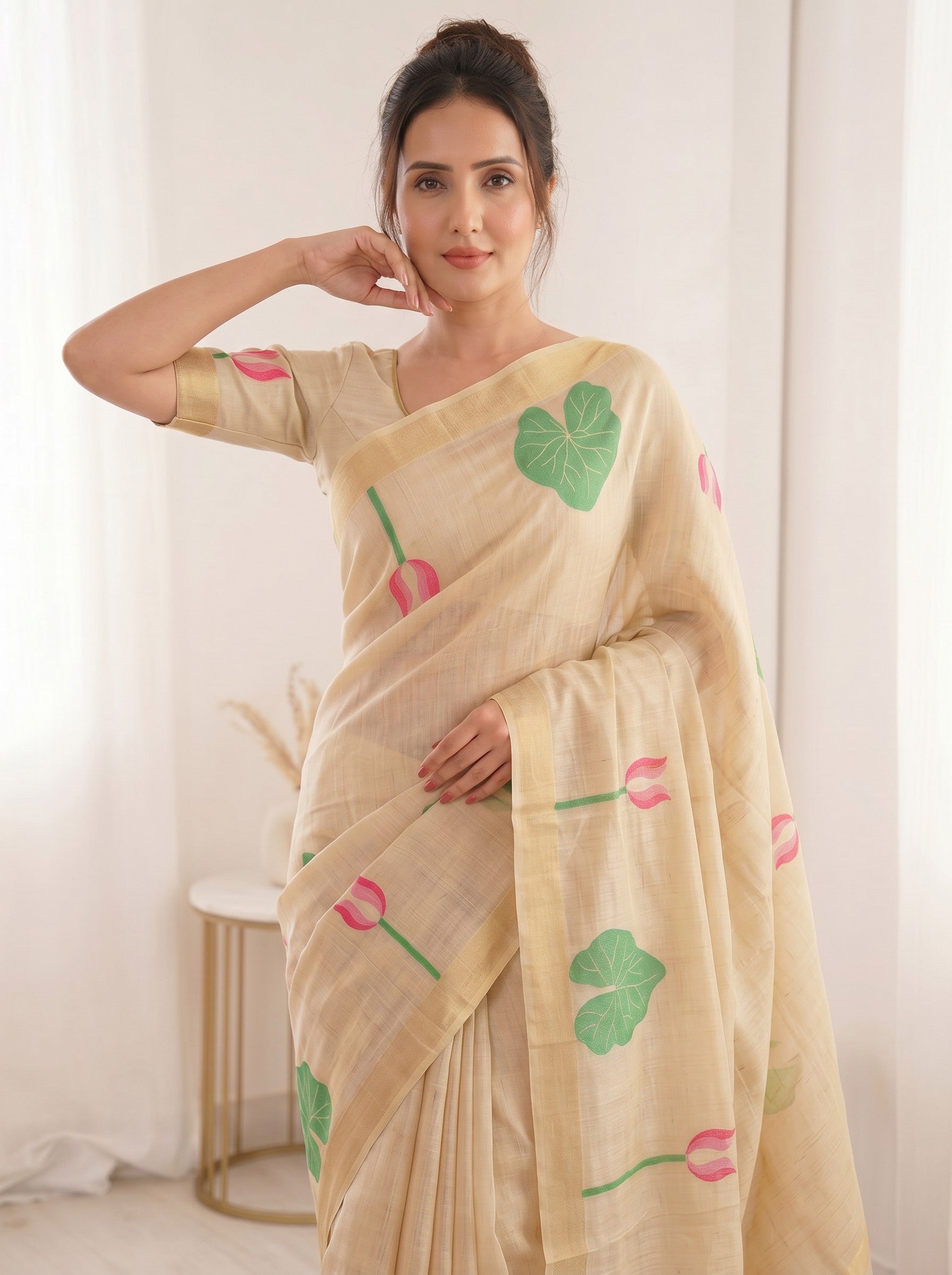 White Premium Soft Linen Cotton with Lotus &amp; Leafs Pattern Saree