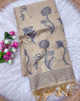 White Soft Muga Cotton Saree with Floral Pattern Saree
