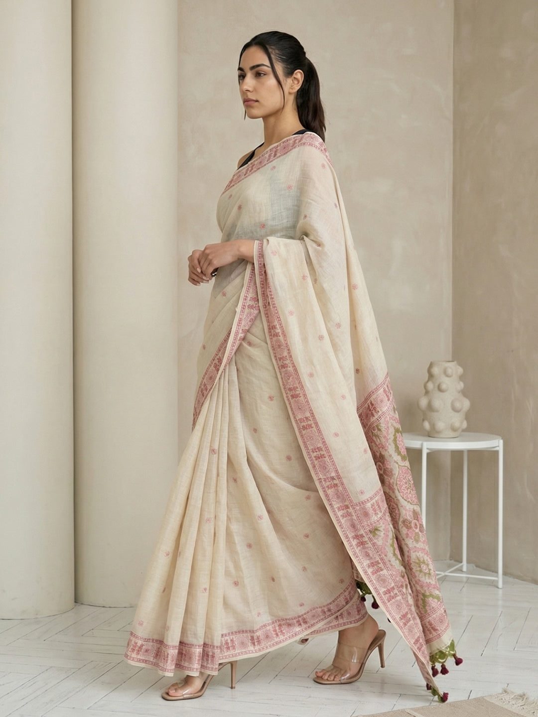 White Soft Muga Cotton with Handblock Kalamakri Pattern Saree