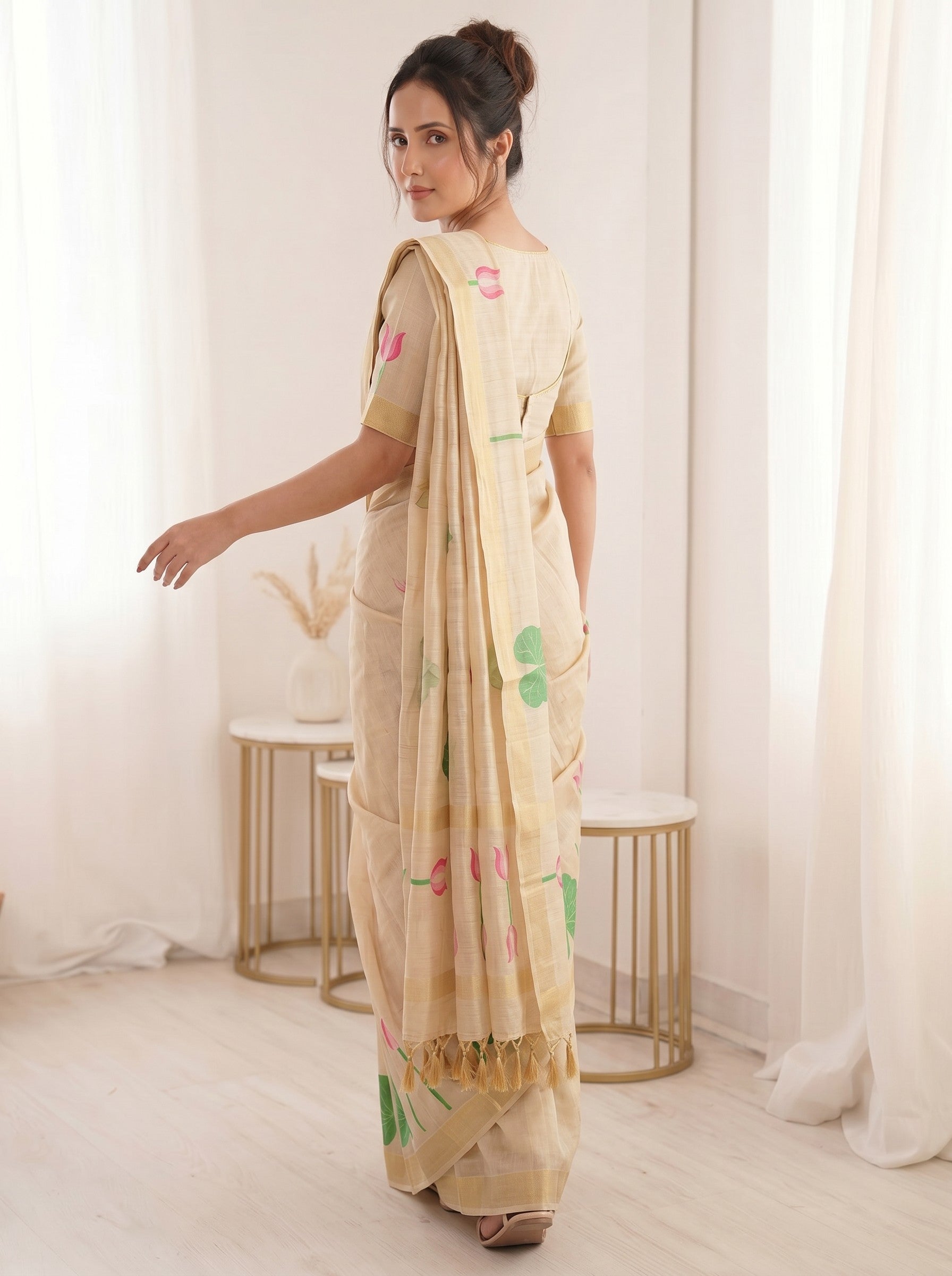 White Premium Soft Linen Cotton with Lotus &amp; Leafs Pattern Saree
