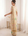 White Premium Soft Linen Cotton with Lotus & Leafs Pattern Saree