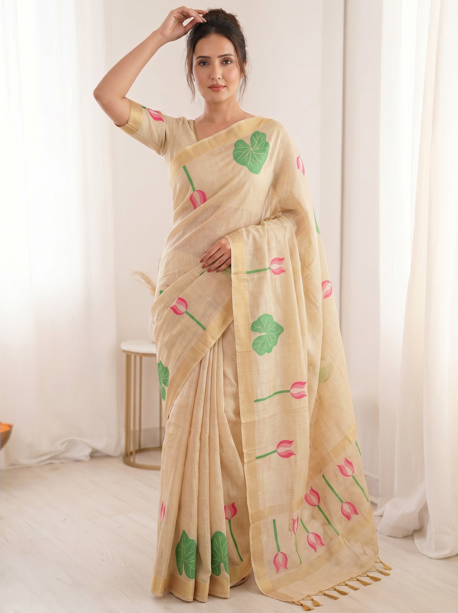 White Premium Soft Linen Cotton with Lotus &amp; Leafs Pattern Saree