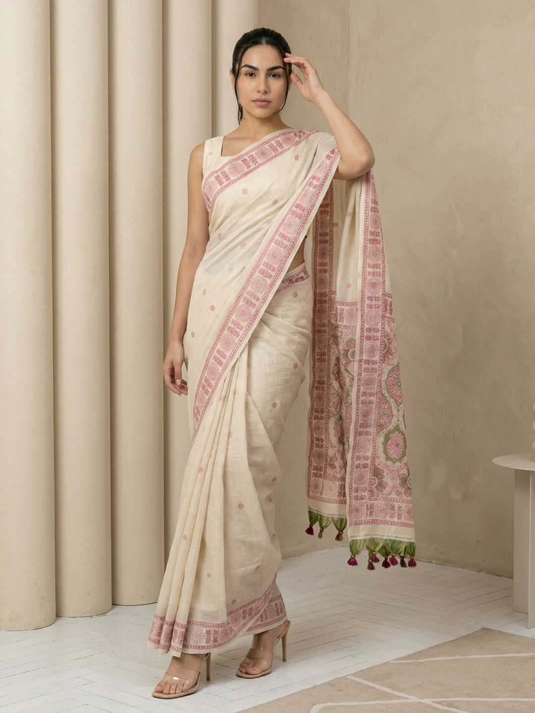 White Soft Muga Cotton with Handblock Kalamakri Pattern Saree