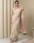 White Soft Muga Cotton with Handblock Kalamakri Pattern Saree