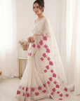 White Soft Oris Silk with Floral Applique Work Saree