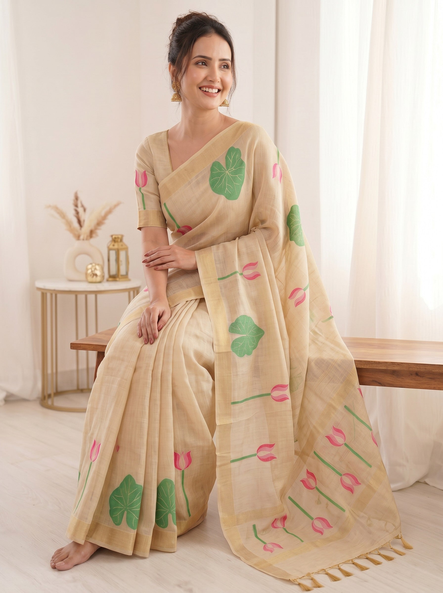 White Premium Soft Linen Cotton with Lotus &amp; Leafs Pattern Saree