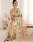 White Premium Soft Linen Cotton with Lotus & Leafs Pattern Saree