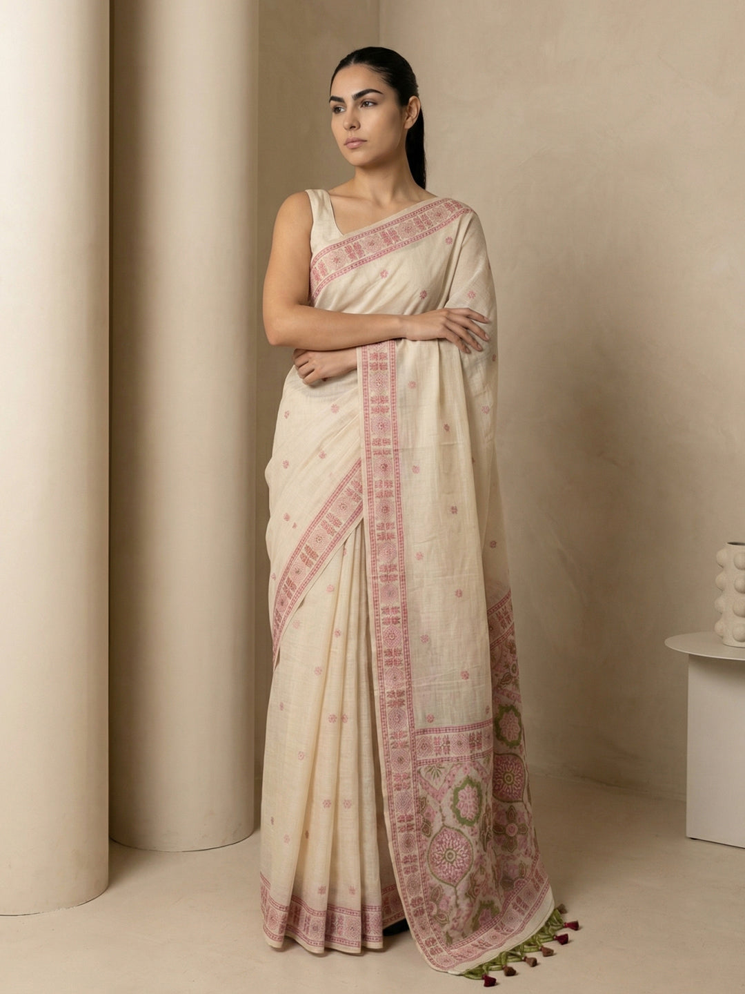 White Soft Muga Cotton with Handblock Kalamakri Pattern Saree