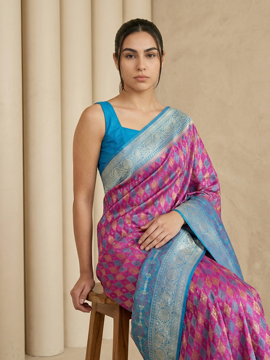 Magenta Soft Ikkat Patola Silk Geometric Ikkat Weaves Saree