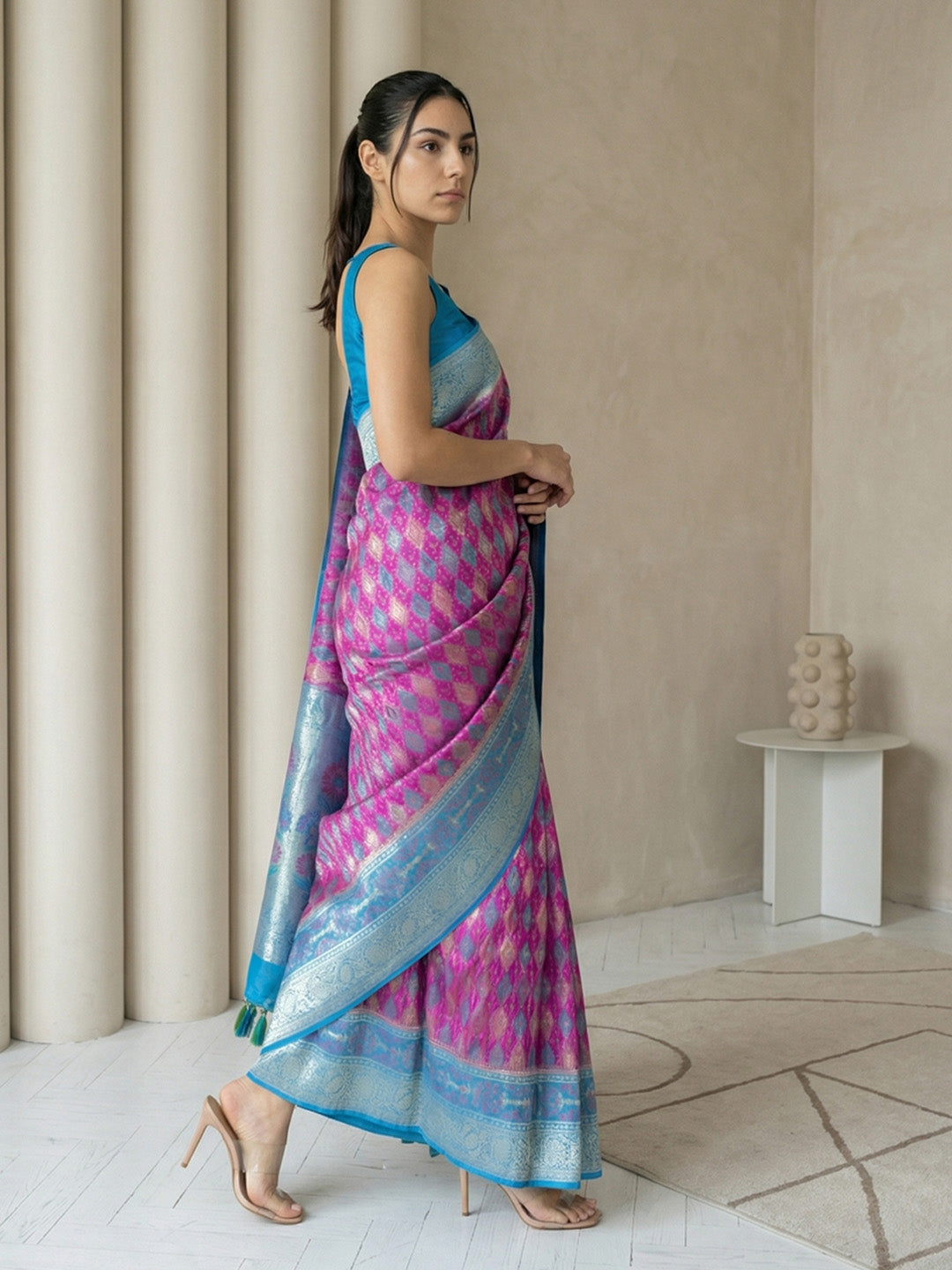 Magenta Soft Ikkat Patola Silk Geometric Ikkat Weaves Saree