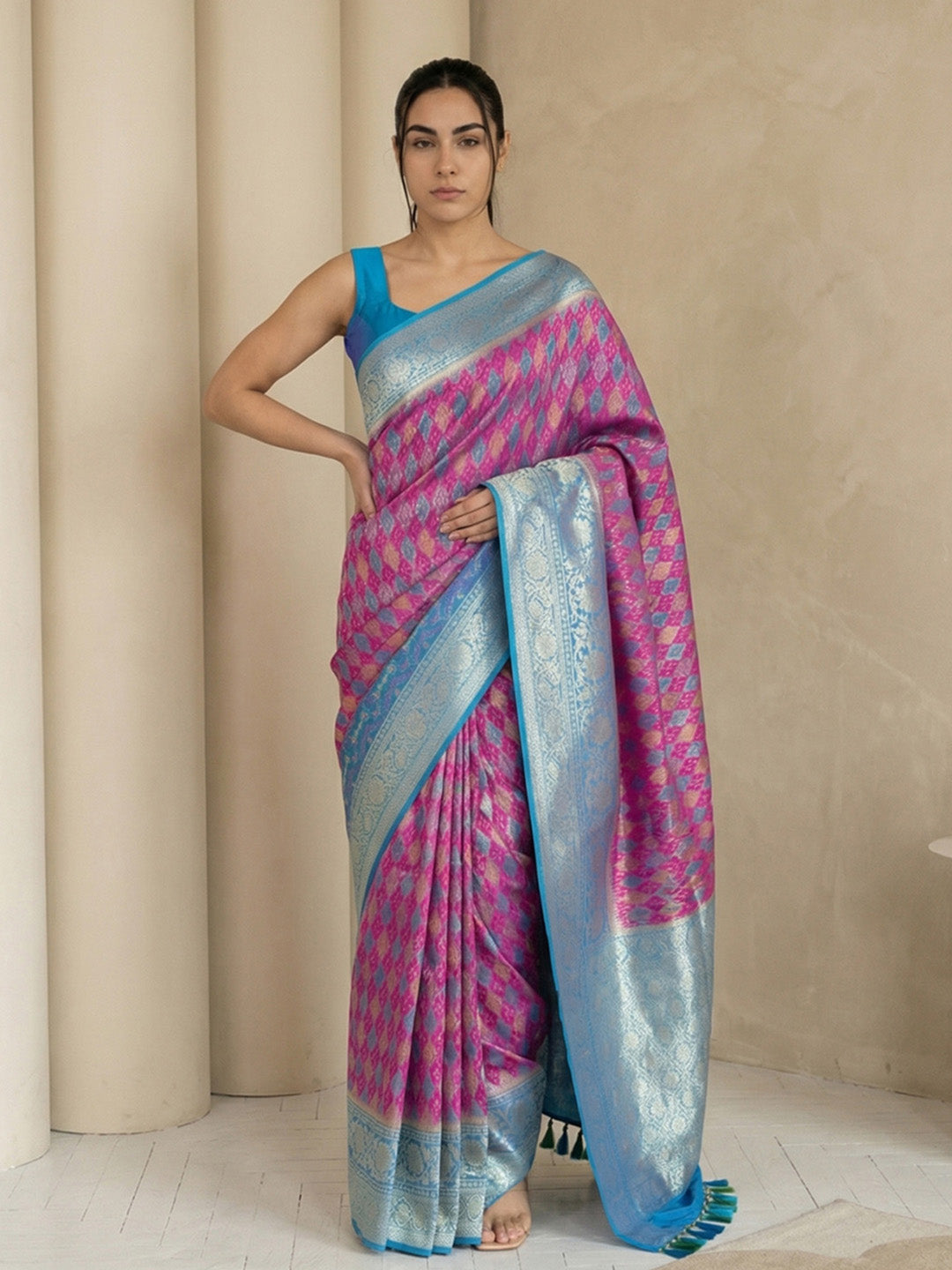 Magenta Soft Ikkat Patola Silk Geometric Ikkat Weaves Saree