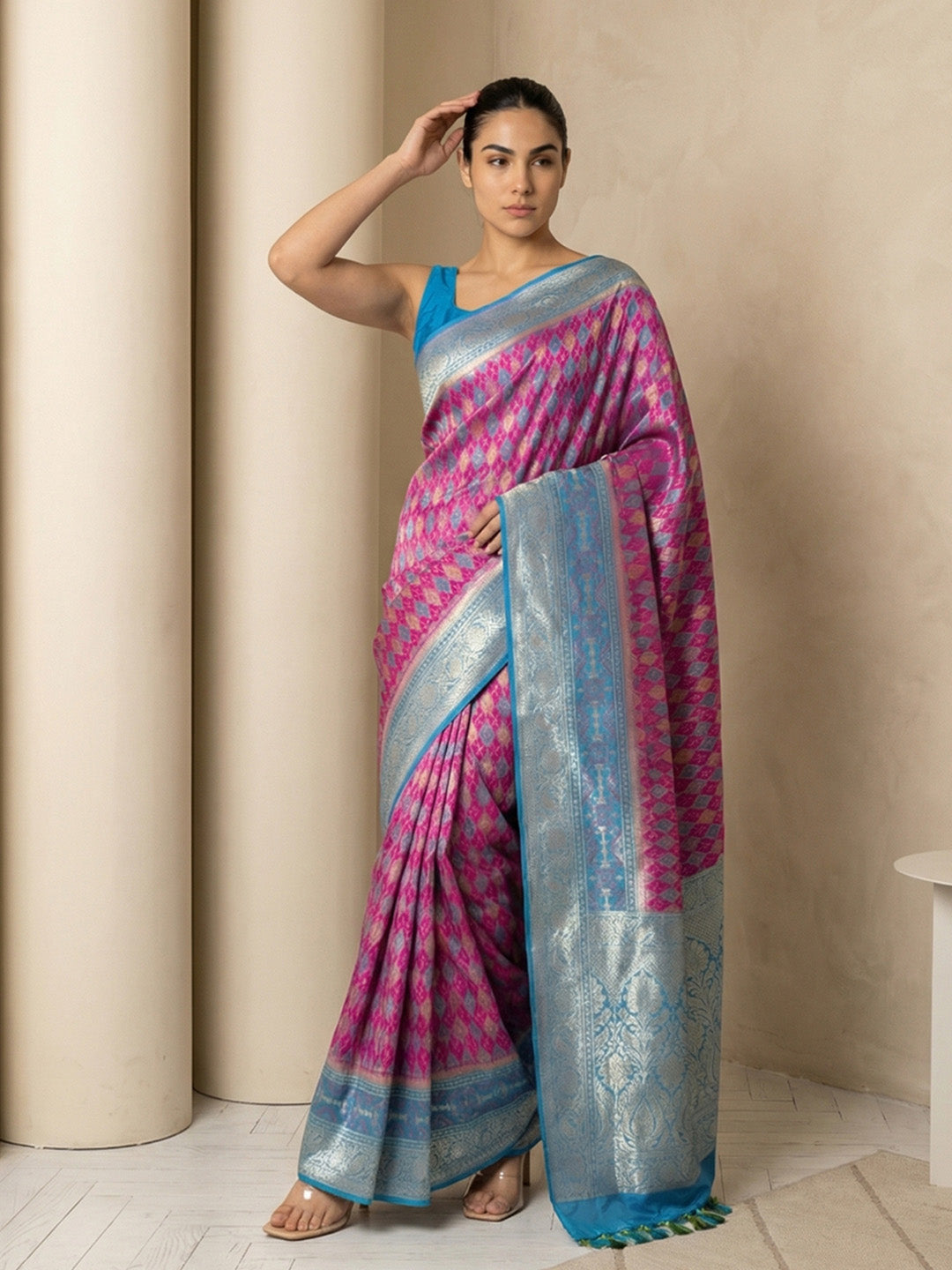 Magenta Soft Ikkat Patola Silk Geometric Ikkat Weaves Saree