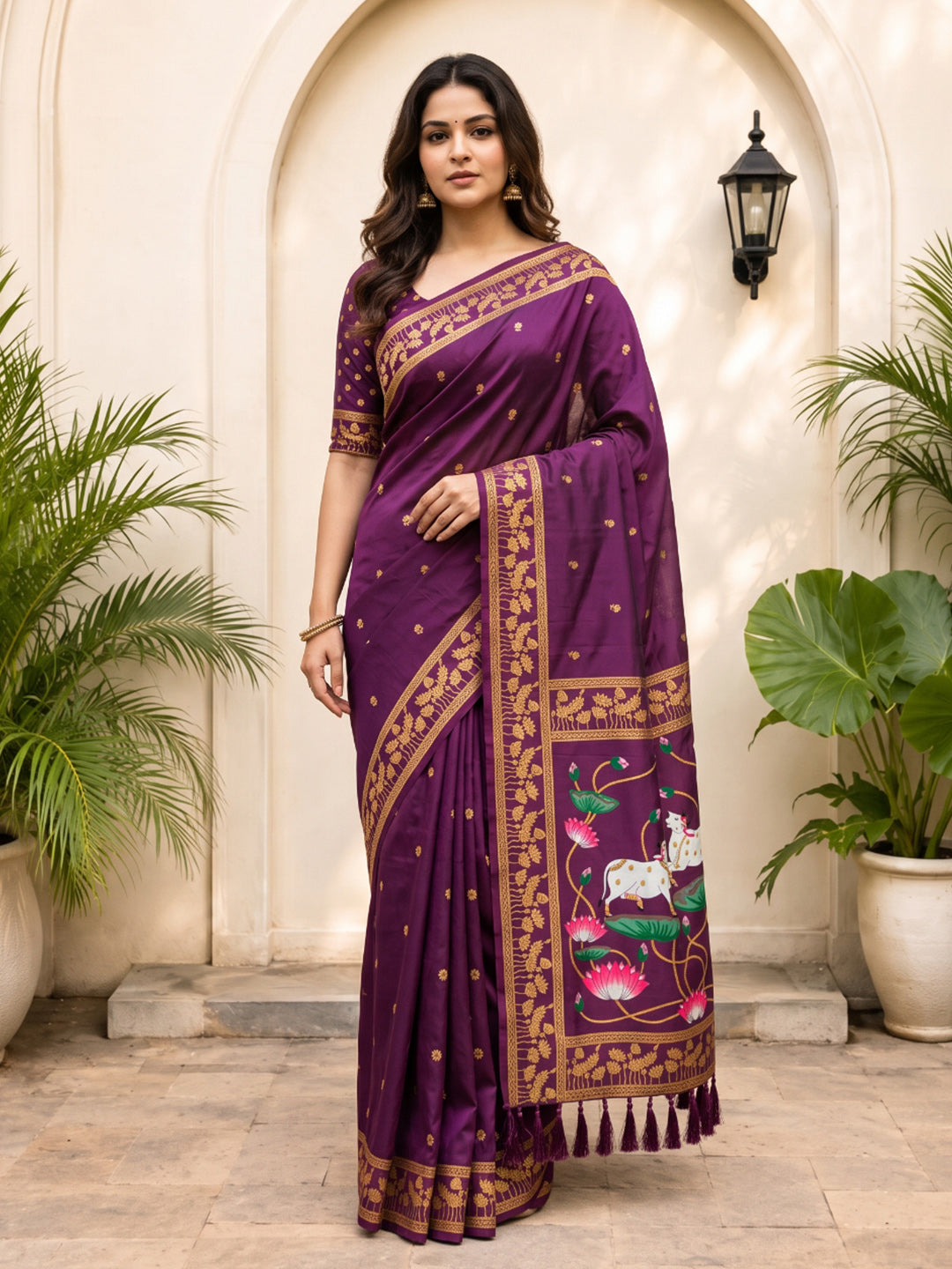 Wine Soft Zari Woven Saree with Lotus Pichwai Concept Pallu