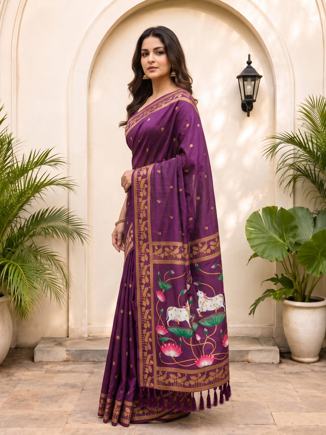 Wine Soft Zari Woven Saree with Lotus Pichwai Concept Pallu