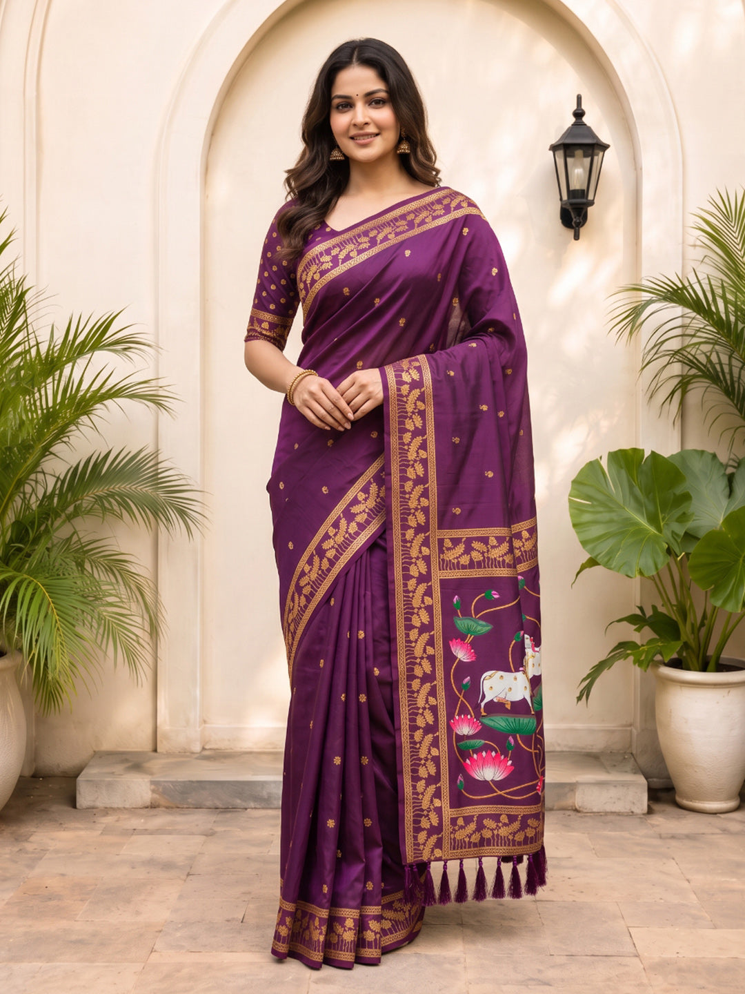 Wine Soft Zari Woven Saree with Lotus Pichwai Concept Pallu