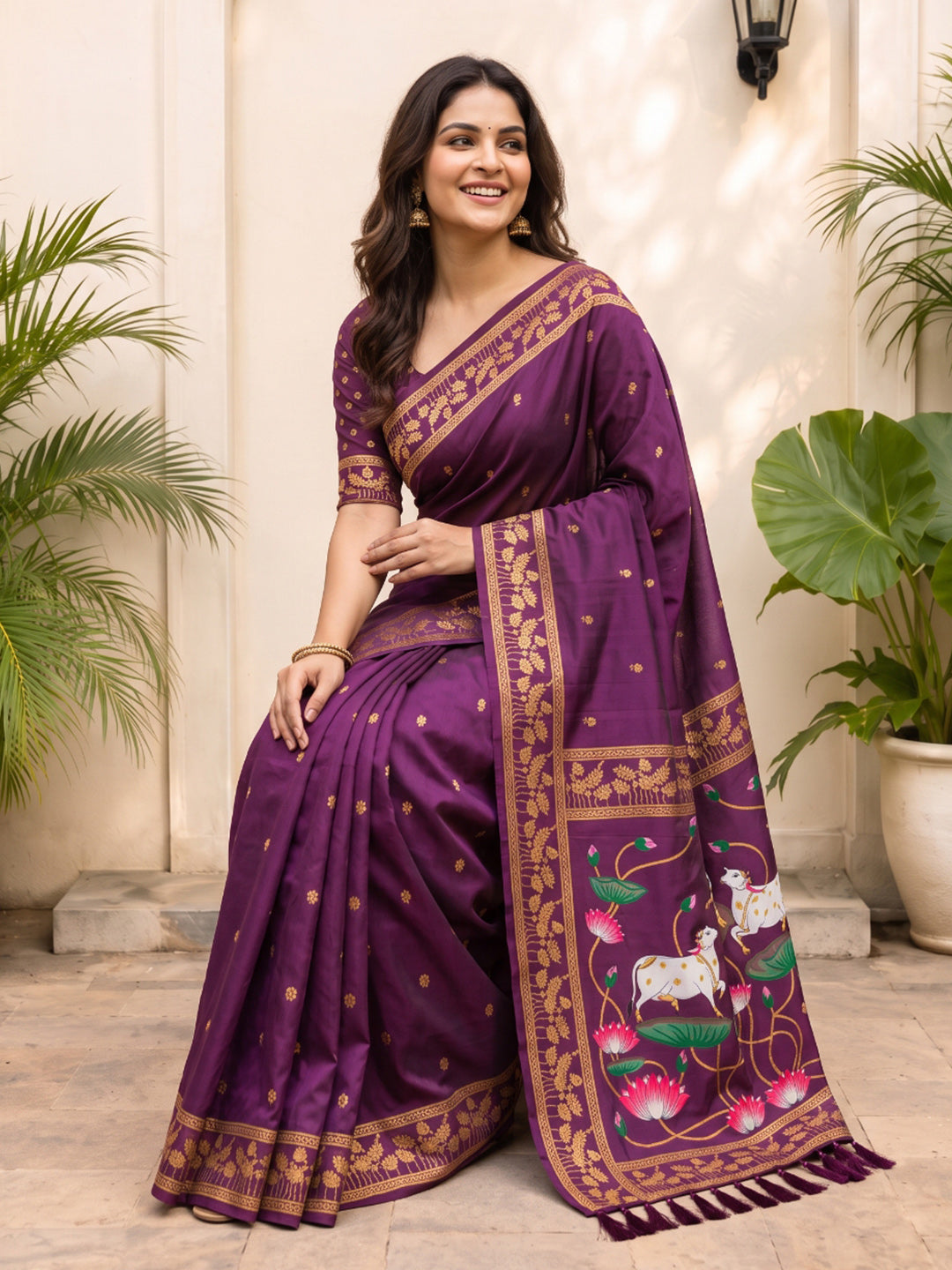 Wine Soft Zari Woven Saree with Lotus Pichwai Concept Pallu