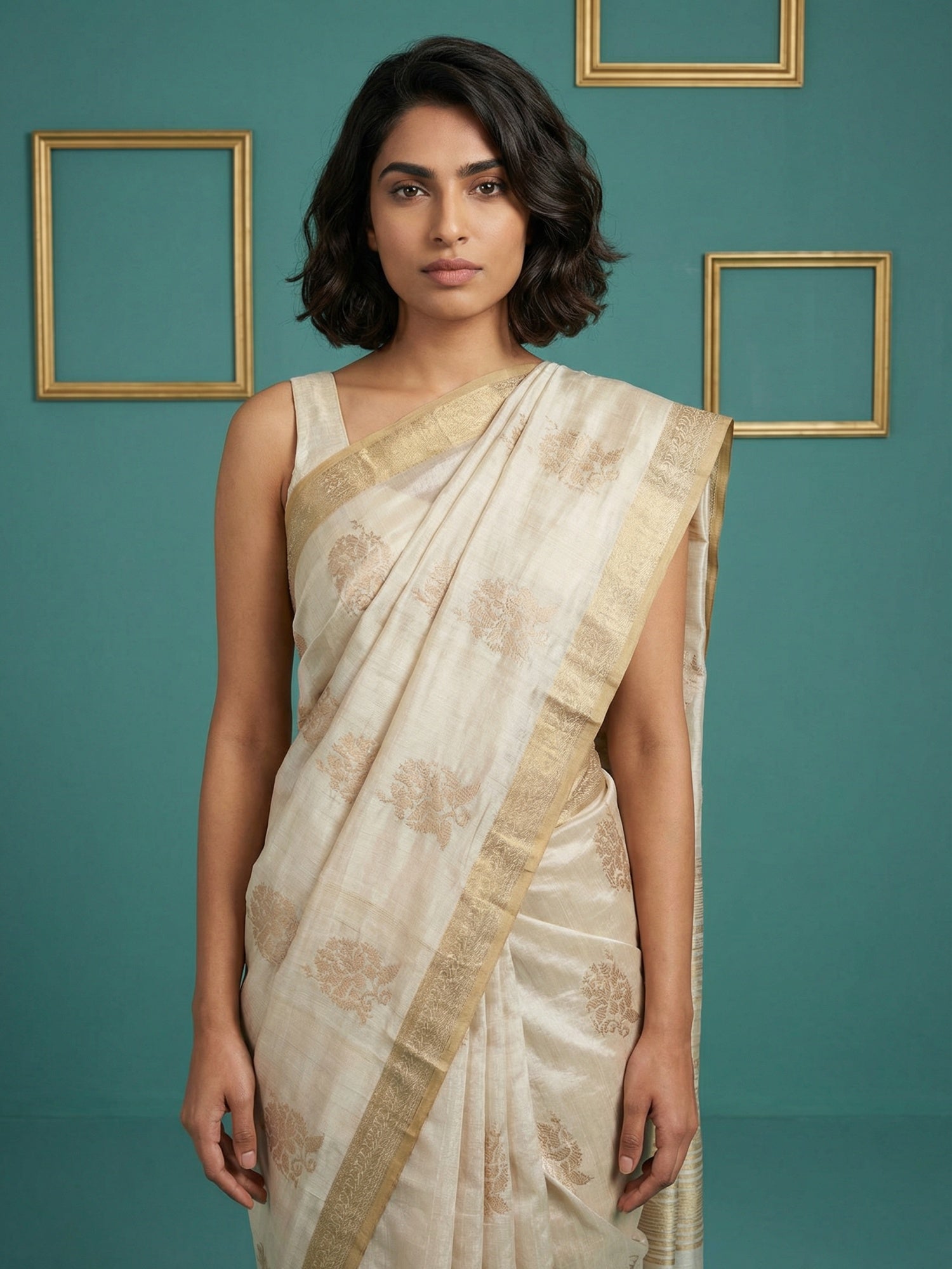 Chickoo Tussar Silk Gold Zari Woven Embroidery Saree