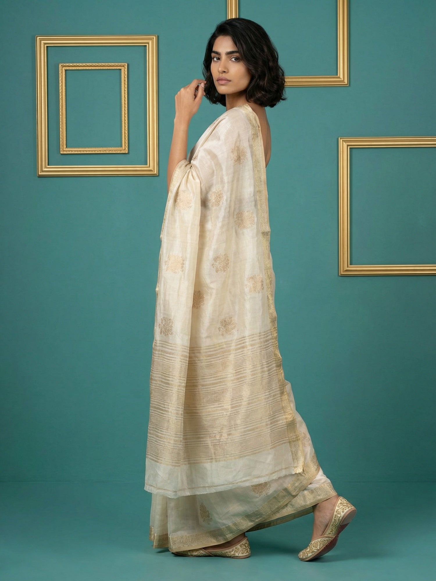 Chickoo Tussar Silk Gold Zari Woven Embroidery Saree