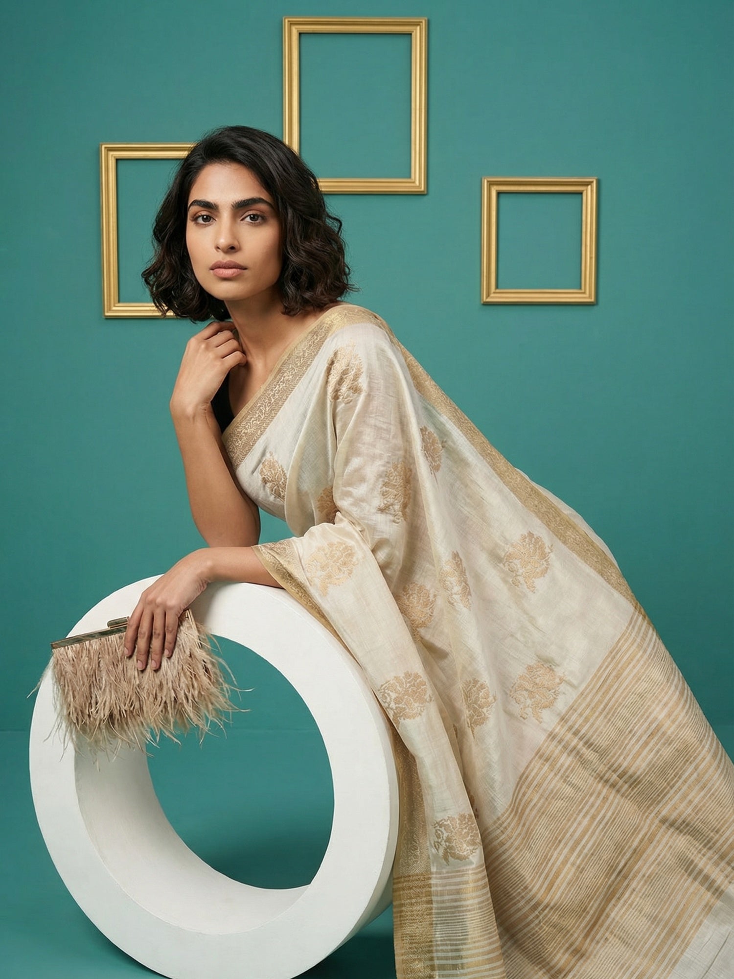 Chickoo Tussar Silk Gold Zari Woven Embroidery Saree