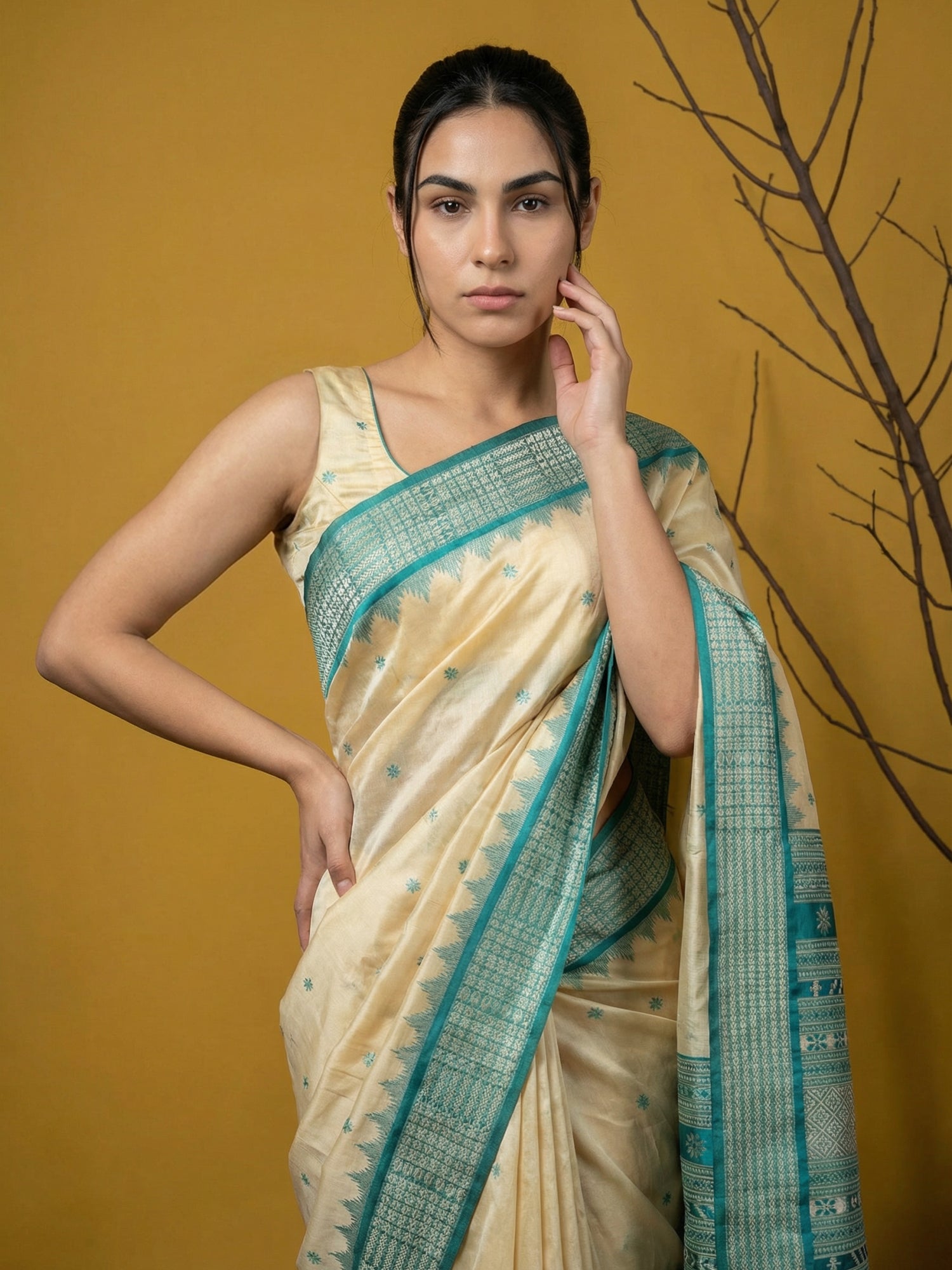 Cream &amp; Blue Soft Handloom with detailed Motifs Silk Saree