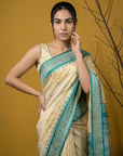 Cream & Blue Soft Handloom with detailed Motifs Silk Saree