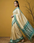 Cream & Blue Soft Handloom with detailed Motifs Silk Saree