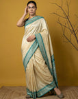 Cream & Blue Soft Handloom with detailed Motifs Silk Saree