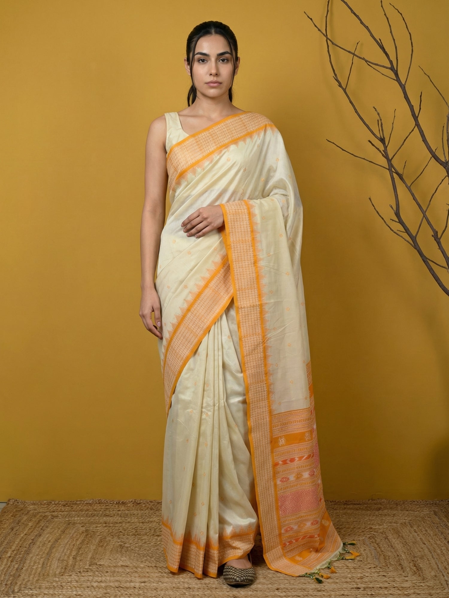 Cream &amp; Yellow Soft Handloom with detailed Motifs Silk Saree