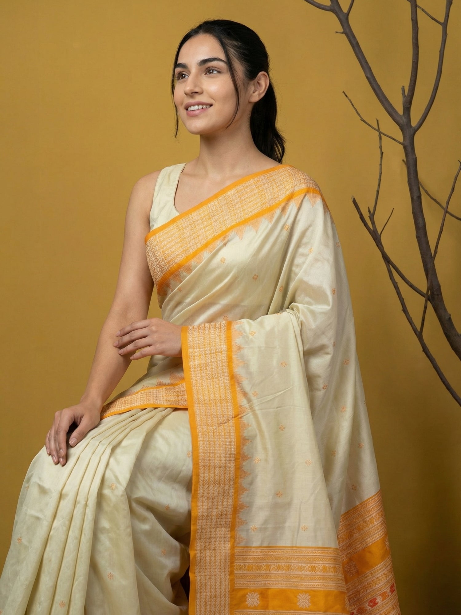 Cream &amp; Yellow Soft Handloom with detailed Motifs Silk Saree