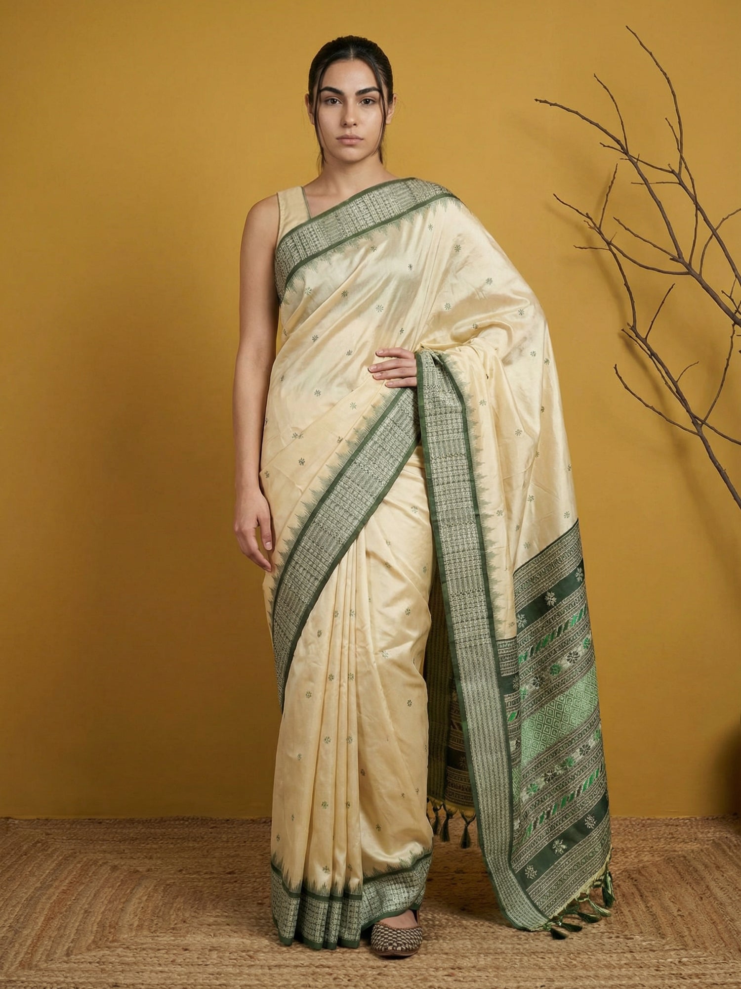 Cream &amp; Green Soft Handloom with detailed Motifs Silk Saree