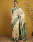 Cream & Green Soft Handloom with detailed Motifs Silk Saree