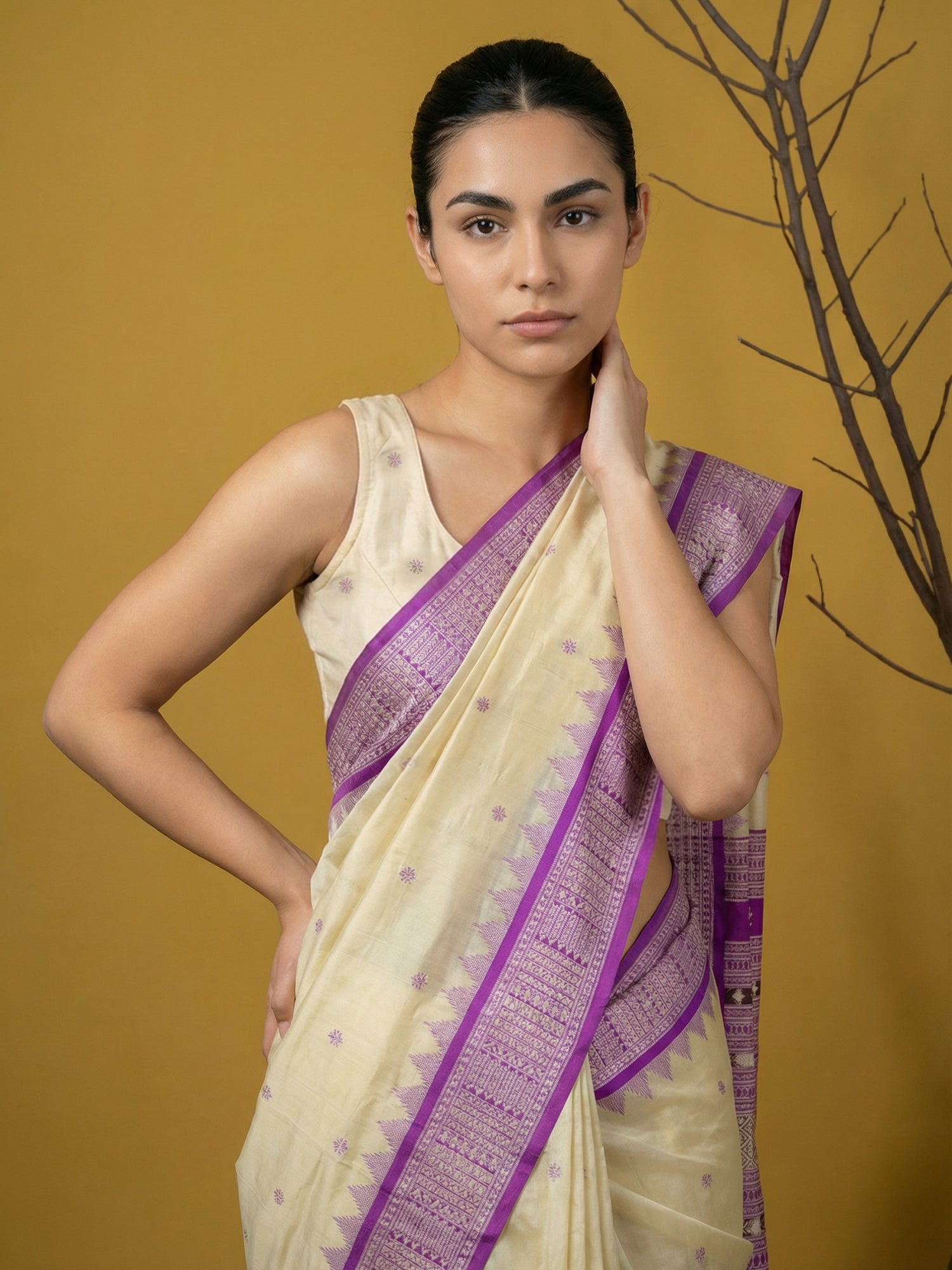 Cream &amp; Purple Soft Handloom with detailed Motifs Silk Saree