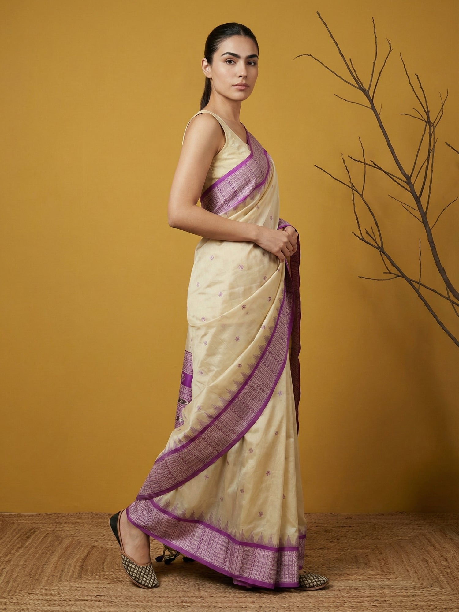 Cream &amp; Purple Soft Handloom with detailed Motifs Silk Saree