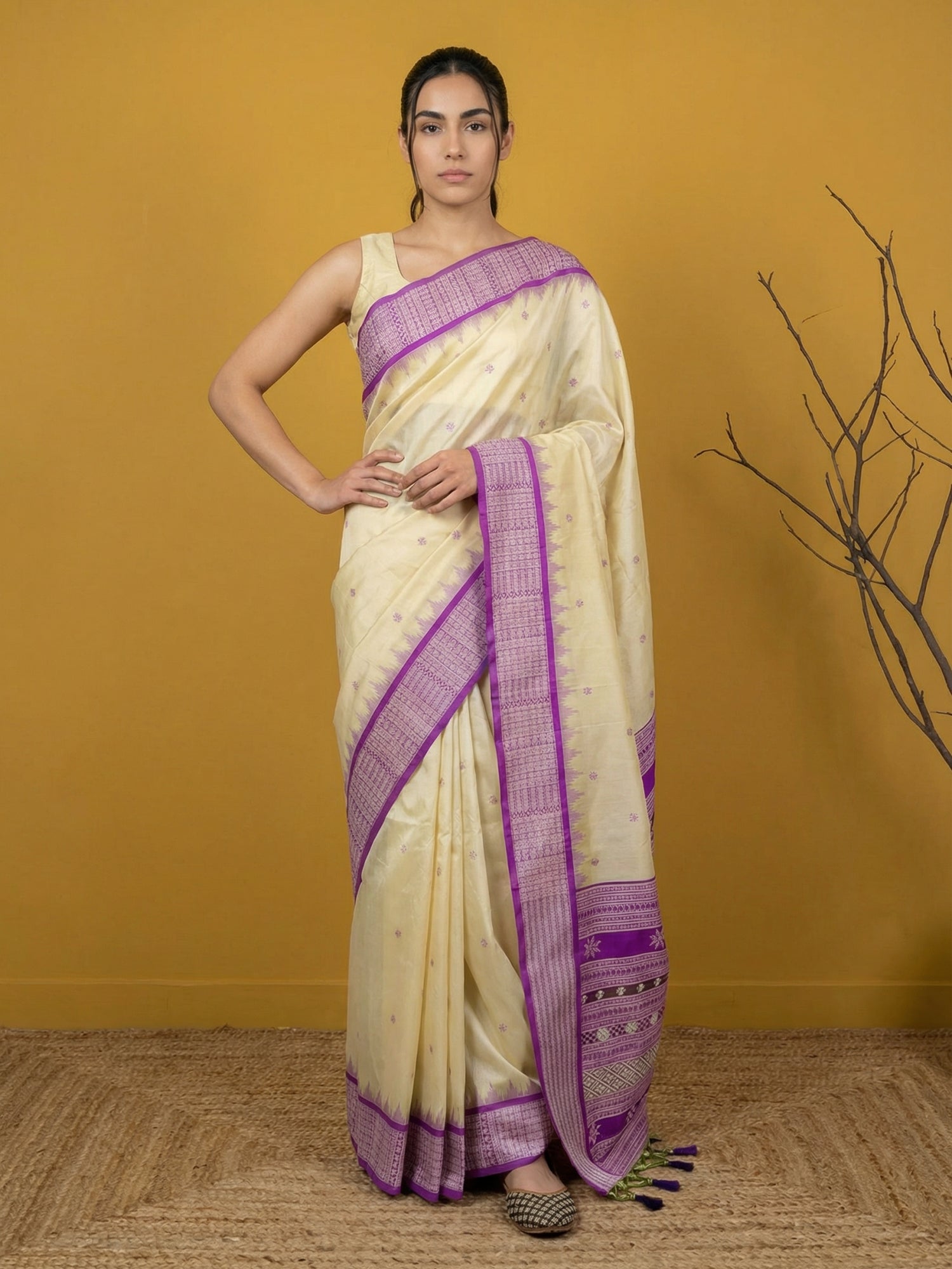 Cream &amp; Purple Soft Handloom with detailed Motifs Silk Saree
