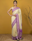 Cream & Purple Soft Handloom with detailed Motifs Silk Saree