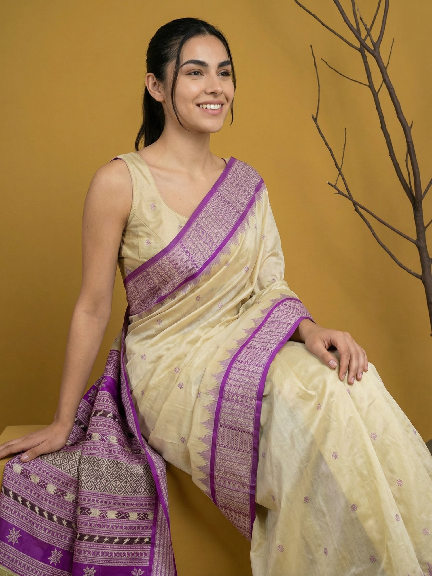 Cream &amp; Purple Soft Handloom with detailed Motifs Silk Saree