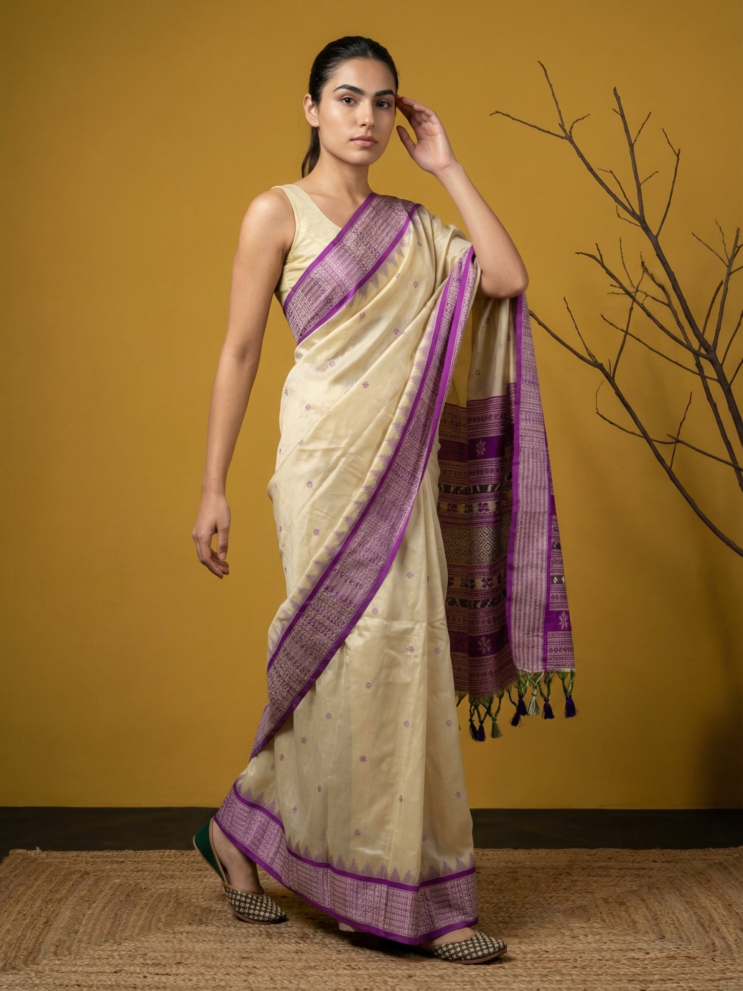 Cream &amp; Purple Soft Handloom with detailed Motifs Silk Saree