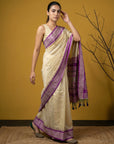 Cream & Purple Soft Handloom with detailed Motifs Silk Saree