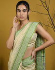 Cream & Pista Green Soft Handloom with detailed Motifs Silk Saree