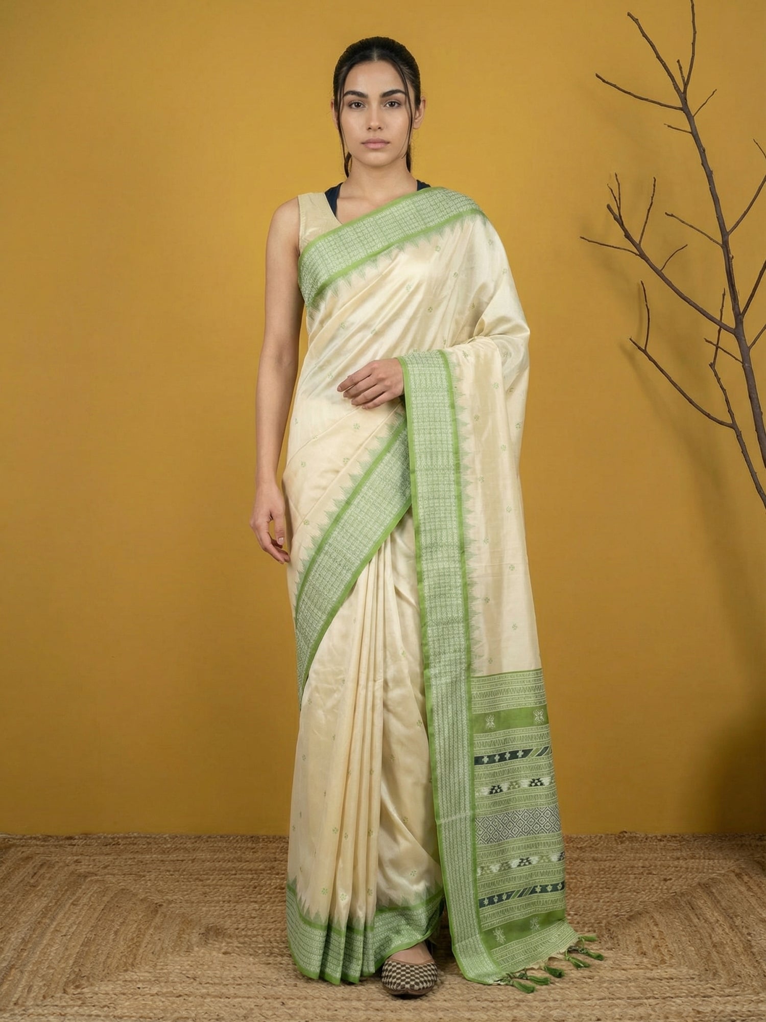 Cream &amp; Pista Green Soft Handloom with detailed Motifs Silk Saree