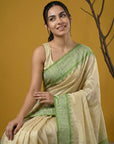 Cream & Pista Green Soft Handloom with detailed Motifs Silk Saree