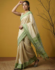 Cream & Pista Green Soft Handloom with detailed Motifs Silk Saree