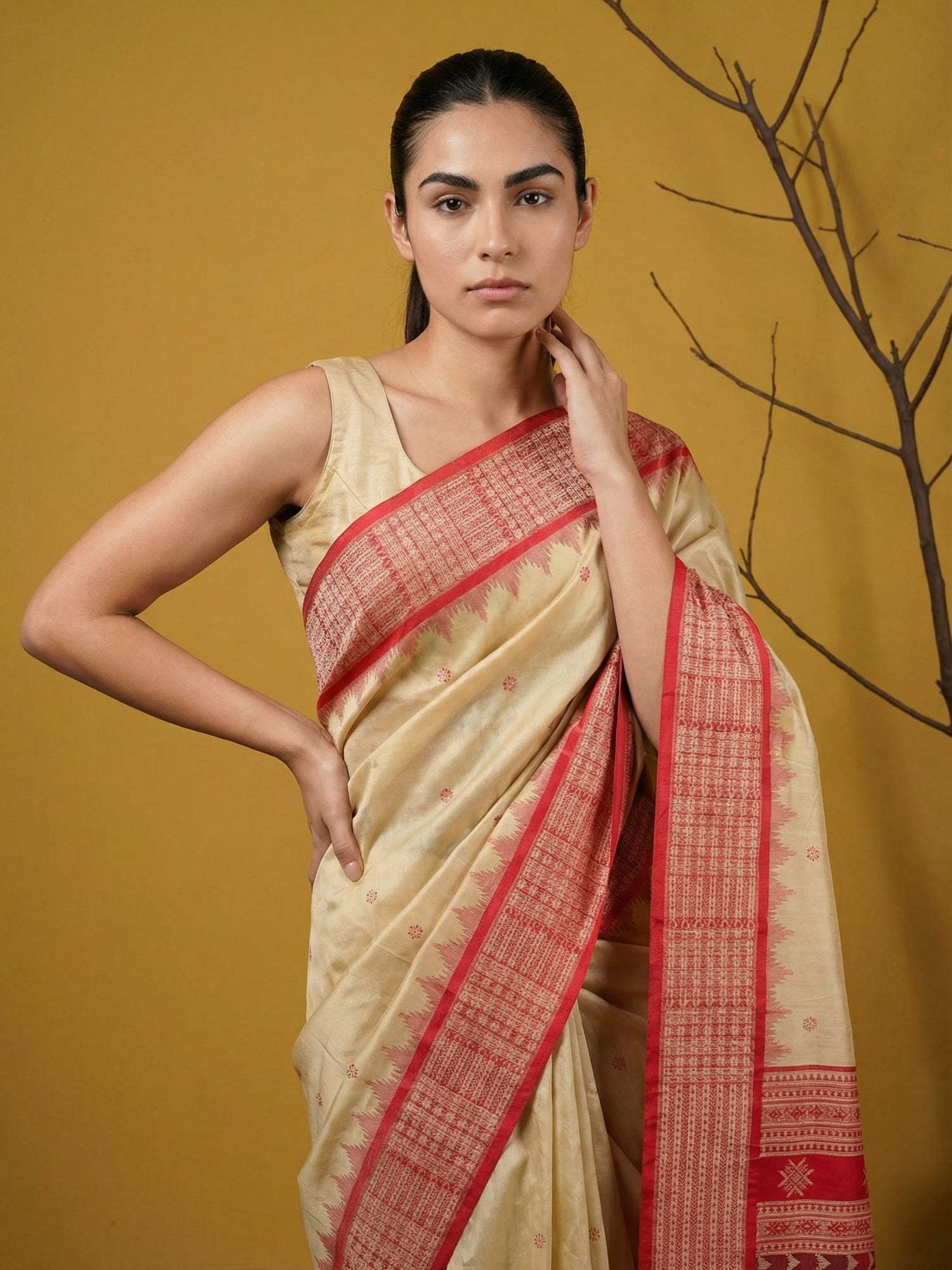 Cream &amp; Red Soft Handloom with detailed Motifs Silk Saree