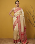Cream & Red Soft Handloom with detailed Motifs Silk Saree